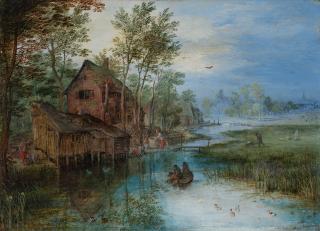 Jan Brueghel the Elder - Landscape with a rowing boat beside riverside cottages