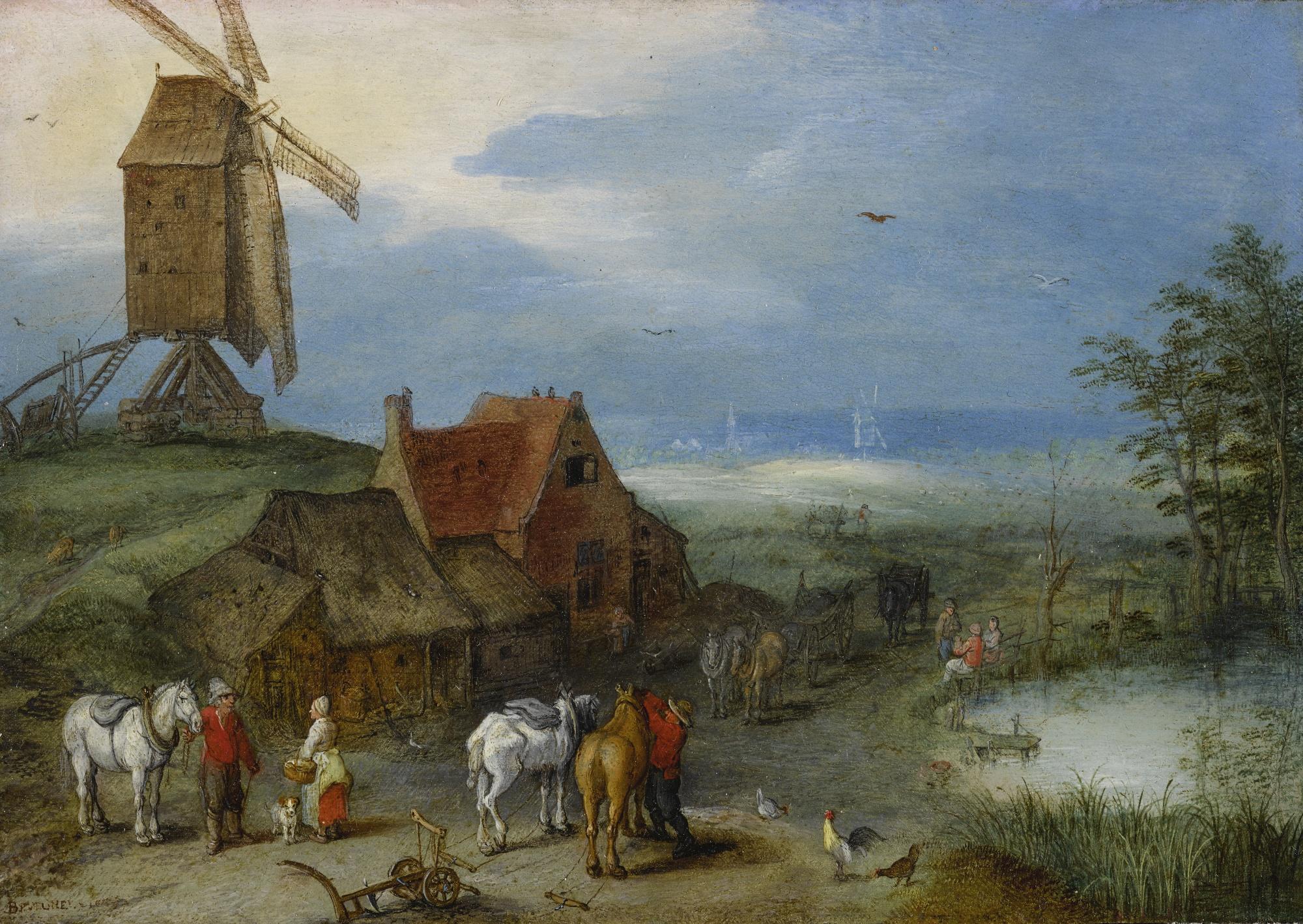 Jan Brueghel the Elder - Landscape With A Windmill, Various Figures, Horses, And Animals Near A Farmstead