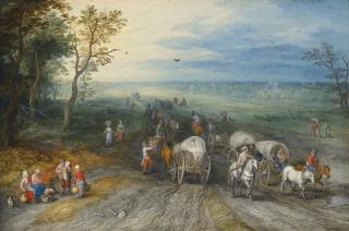 Jan Brueghel The Elder - Panoramic Landscape With Travellers With Horses Carts And Cattle On A Sandy Road