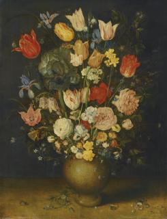 Jan Brueghel The Elder - Still Life With Tulips, Roses And Irises In An Unpainted Clay Vase, And A Brooch, Ring And Beetle On A Ledge