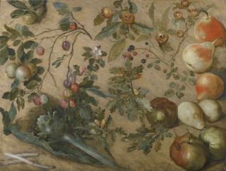 Jan Brueghel The Elder - Studies Of Apples, Pears, Grapes, Blackberries, An Artichoke, Spears Of Asparagus And A Sprig Of Oak 