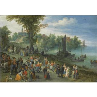 Jan Brueghel the Elder - The Edge Of A Village With Figures Dancing On The Bank Of A River And A Fish-Seller And A Self Portrait Of The Artist In The Foreground 