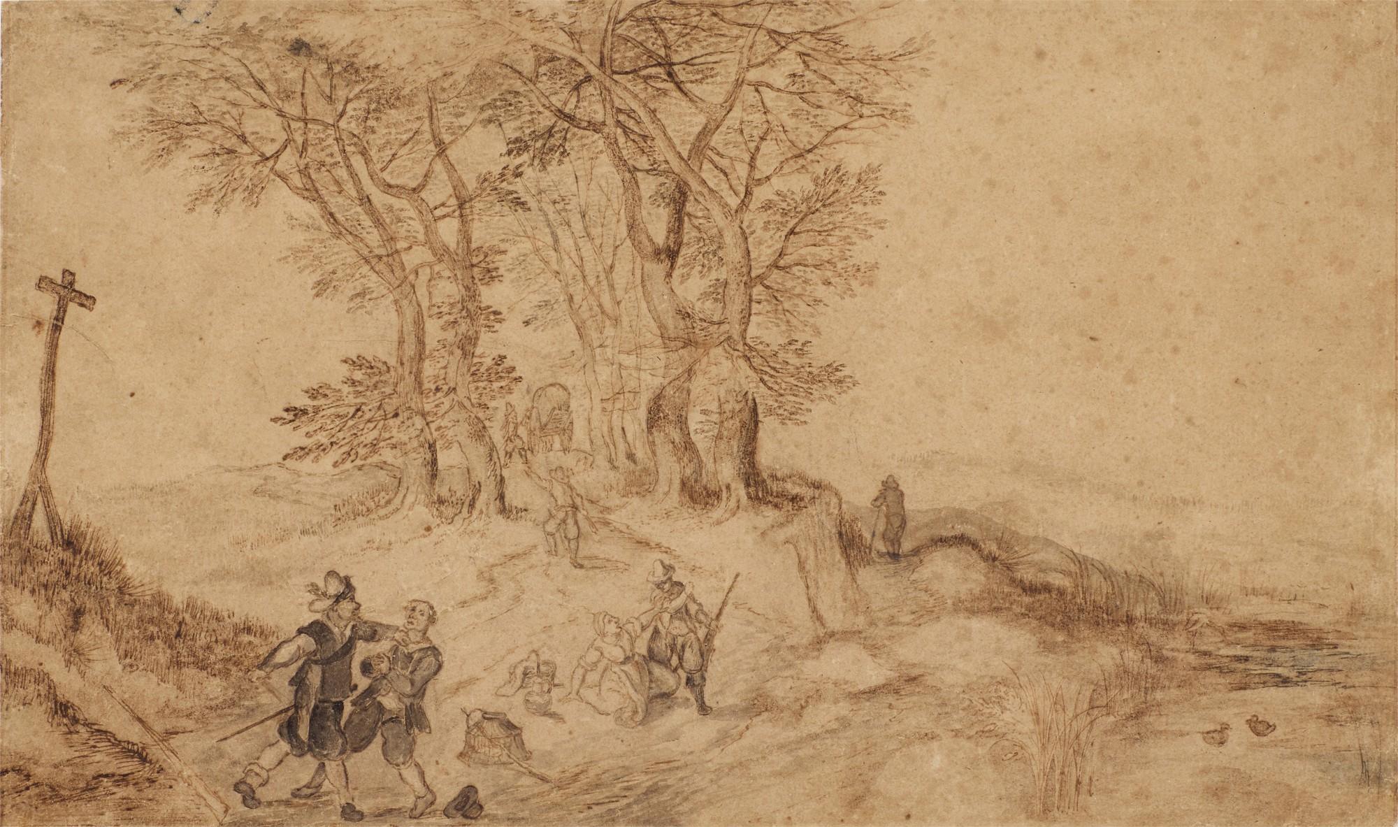 Jan Brueghel the Elder - Wooded landscape with travellers being robbed