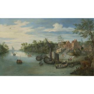 Jan Brueghel the Younger - A River Landscape With Boats Moored By A Village