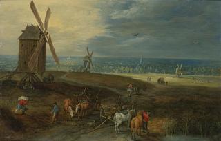Jan Brueghel The Younger - An Extensive Landscape With Travellers Before A Windmill