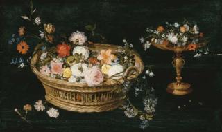 Jan Brueghel The Younger - Roses, peonies, tulips, narcissi, carnations, poppies and other flowers in a basket and a gilt tazza, on a table