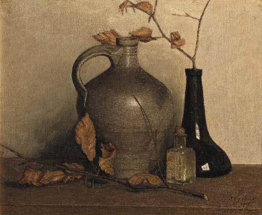 Jan Carbaat - A Still Life With A Jug And Two Bottles