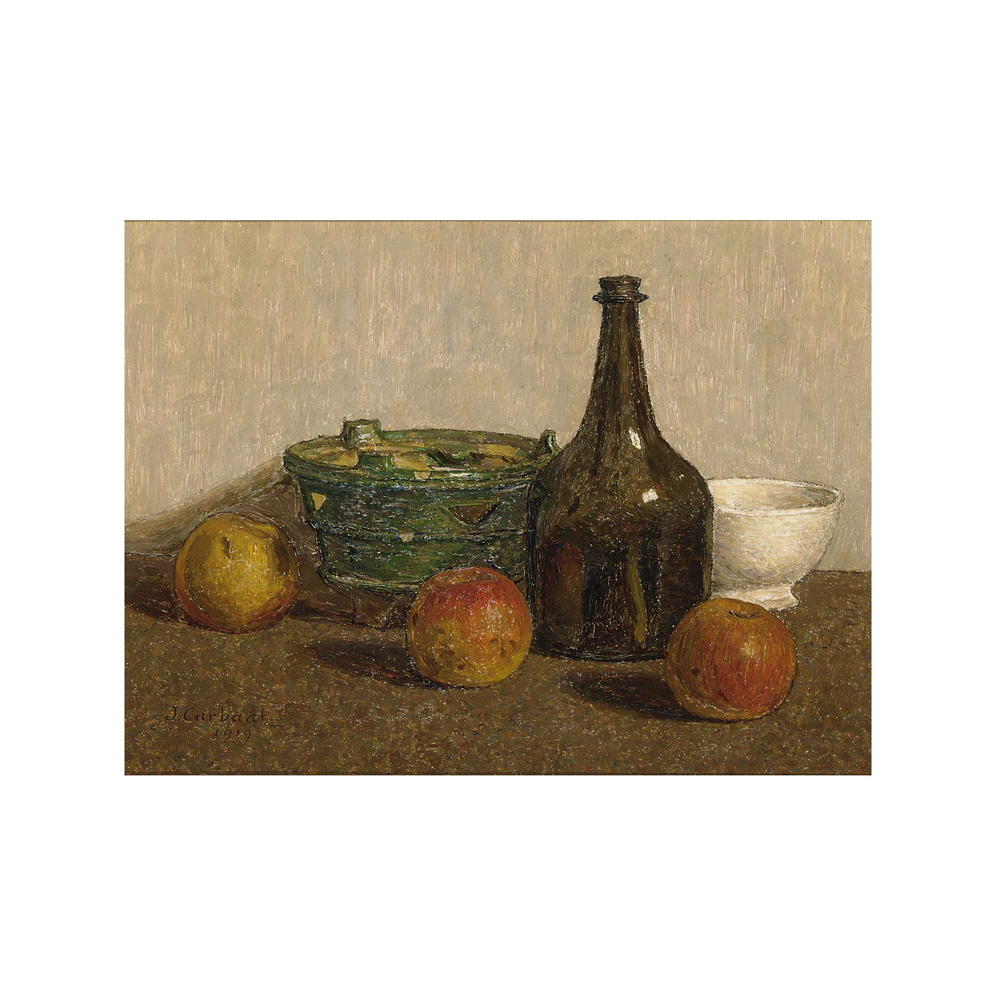 Jan Carbaat - A Still Life With Apples, A Bottle And Earthenware