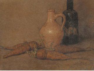 Jan Carbaat - A still life with carrots, a jug and a bottle