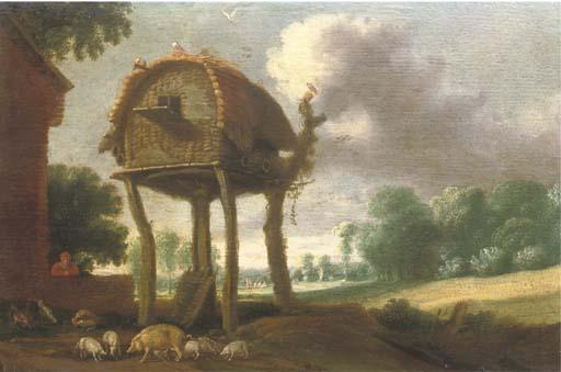 Jan Christiaensz. Micker - A Dovecote In A Wooded Landscape, With A Man Watching Over His Pigs And Chickens In The Foreground