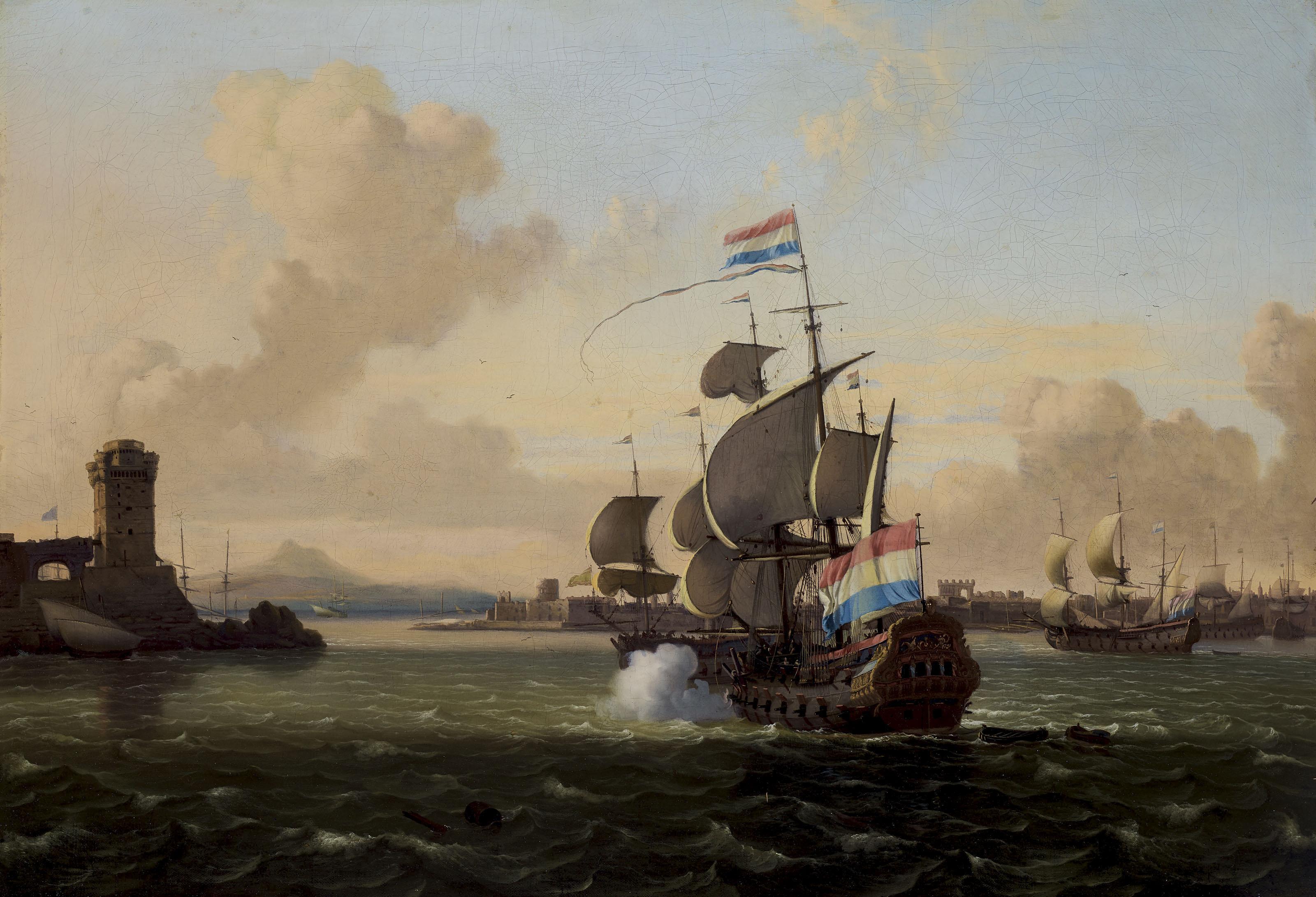 Jan Claesz. Rietschoof - A Dutch Man-O’-War Firing A Salute, Leaving The Bay Of Naples