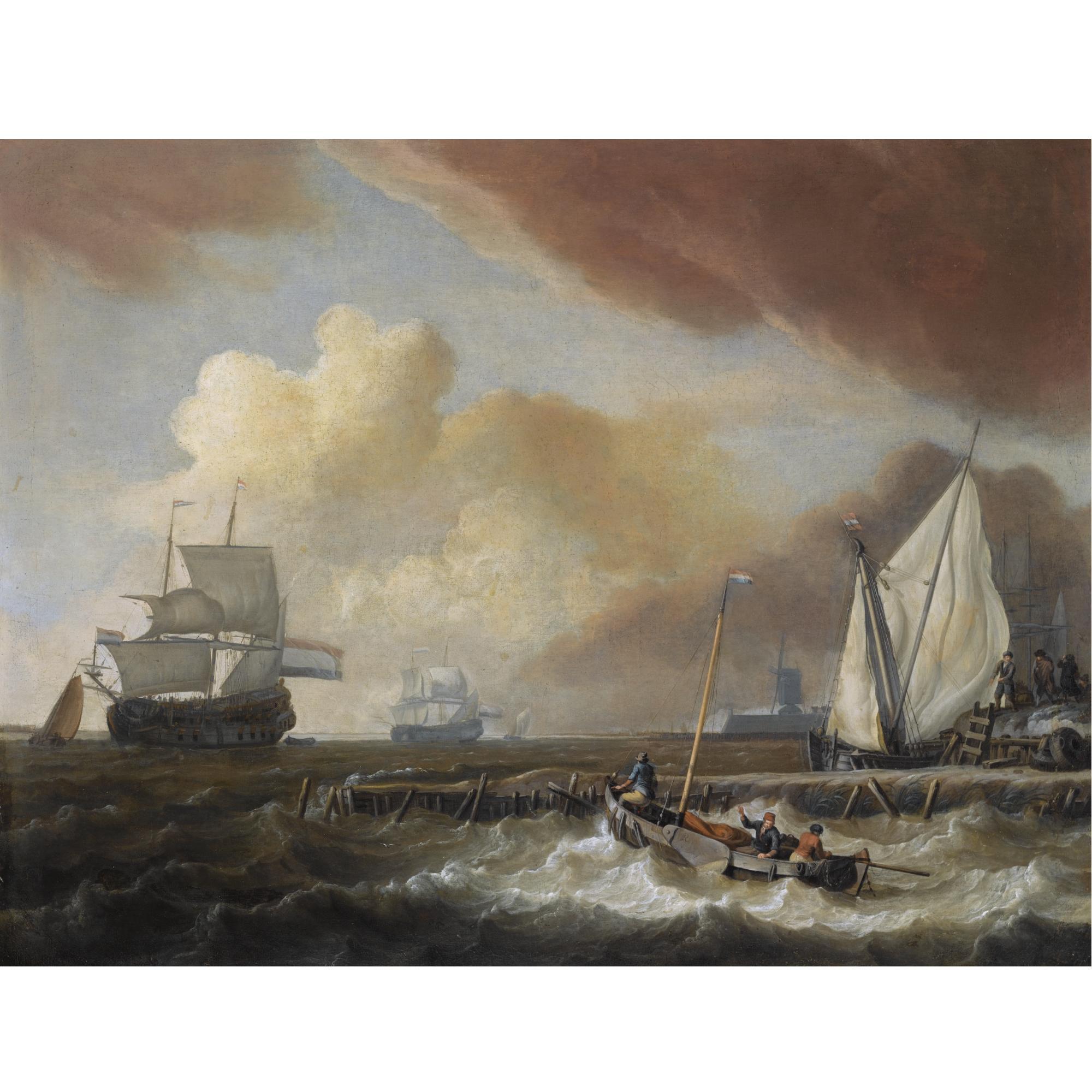 Jan Claesz. Rietschoof - A Smalship With Fishermen In A Choppy Sea, Shipping At Anchor Along A Quayside And Other Ships In The Distance, A Town With A Windmill In The Distance