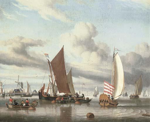 Jan Claesz. Rietschoof - Shipping in a calm sea off a jetty