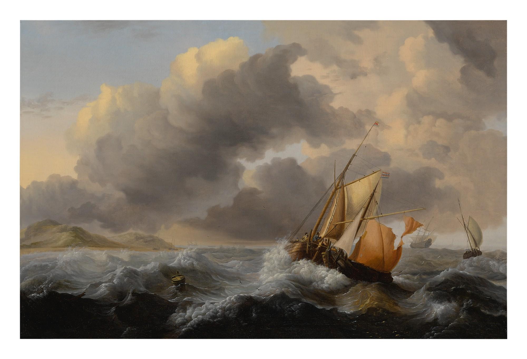 Jan Claesz. Rietschoof - Ships In A Stormy Sea, With A Dune Coast Beyond