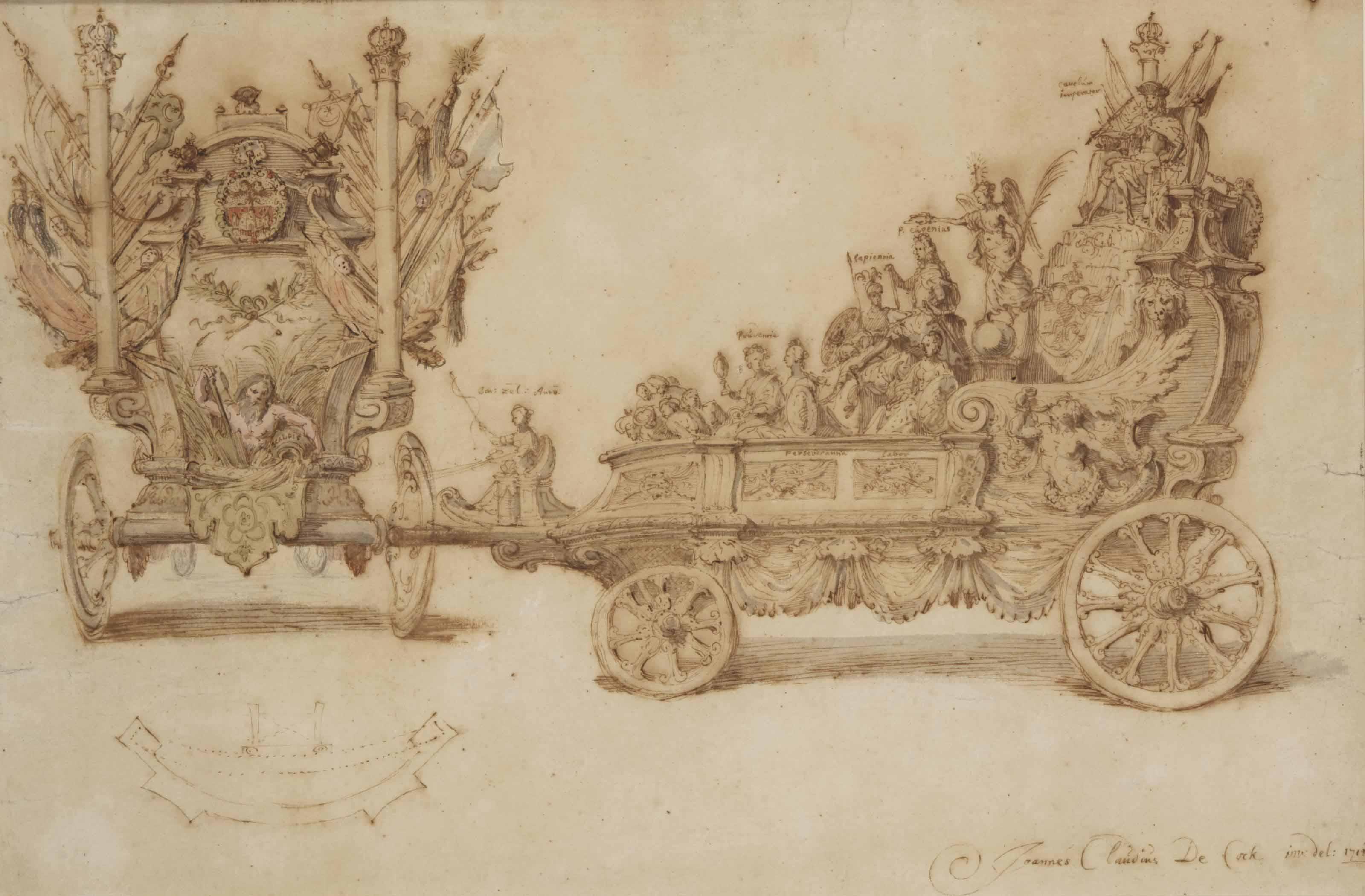 Jan Claudius De Cock - Projet Pour Un Char Mené Par Le Dieu Fleuve Avec Des Allégories Dont La Prudence Et La Sagesse