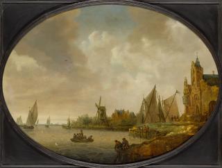 Jan Coelenbier - River Landscape With A Windmill, A Port Building, And Sailing Vessels
