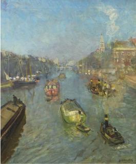 Jan Cossaar - Barges on the river Amstel, Amsterdam
