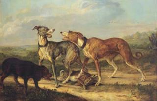 Jan Dasveldt - Hounds fighting over a hare in an extensive landscape