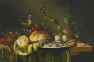 Jan Davidsz. De Heem - A Still Life Of A Glass Of Wine With Grapes, Bread, A Glass Of Beer, A Peeled Lemon, Fruit, Onions And A Herring On A Dish Upon A Table Draped With A Green Cloth