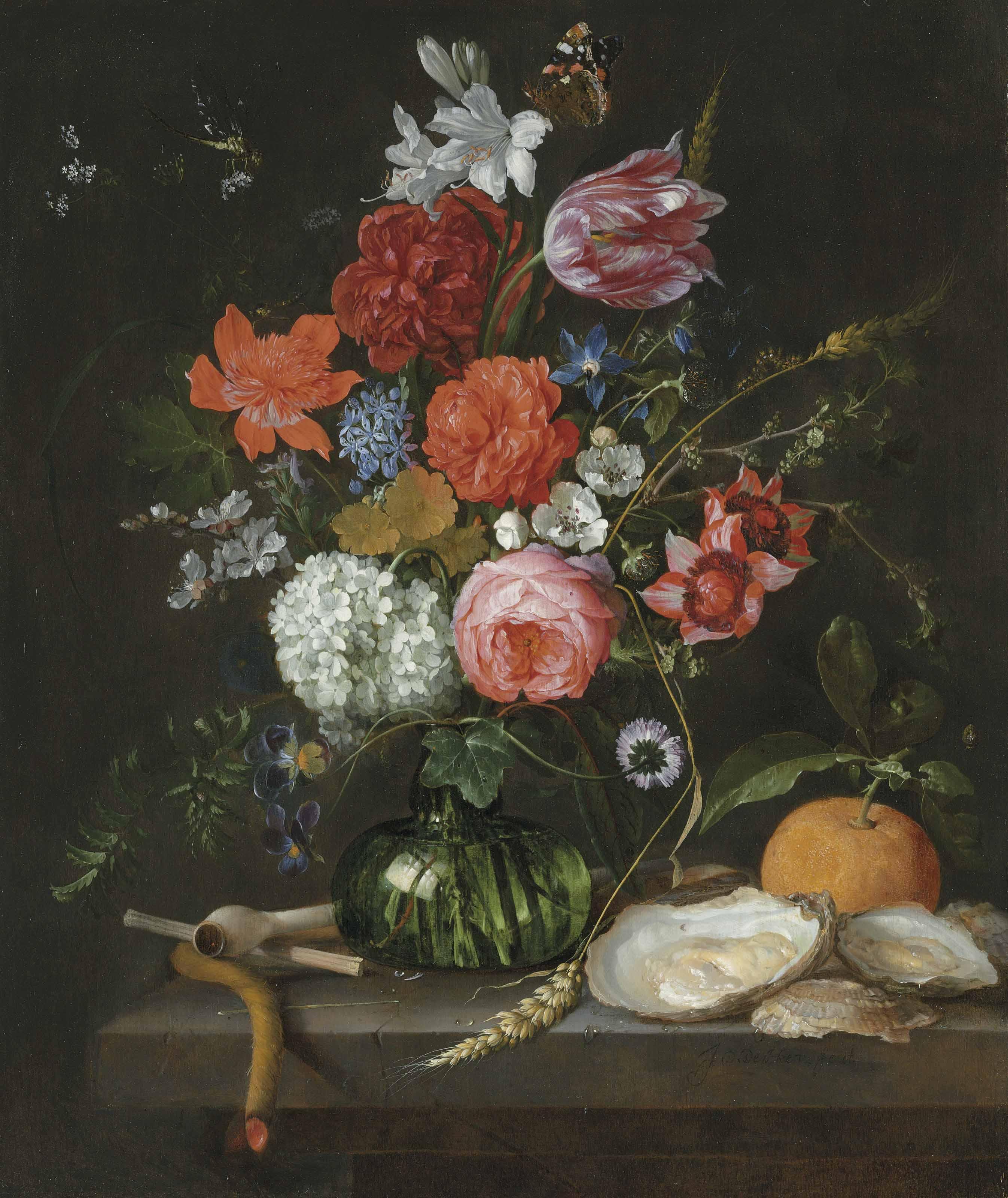 Jan Davidsz. De Heem - A tulip, roses, apple blossoms, cornflowers and other flowers in a glass vase on a stone ledge, with a pipe, taper, oysters and an orange, with a butterfly