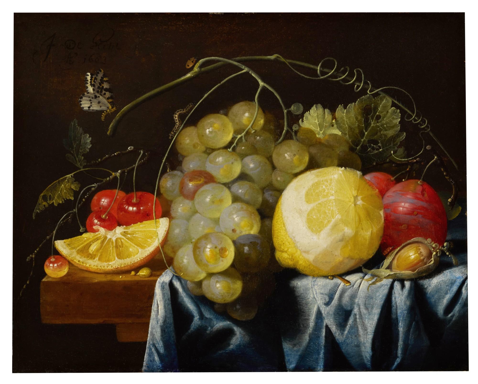 Jan Davidsz. de Heem - Still life of fruit, including lemons, grapes, pears and cherries, together with a hazelnut, all arranged on a table largely draped with a blue cloth