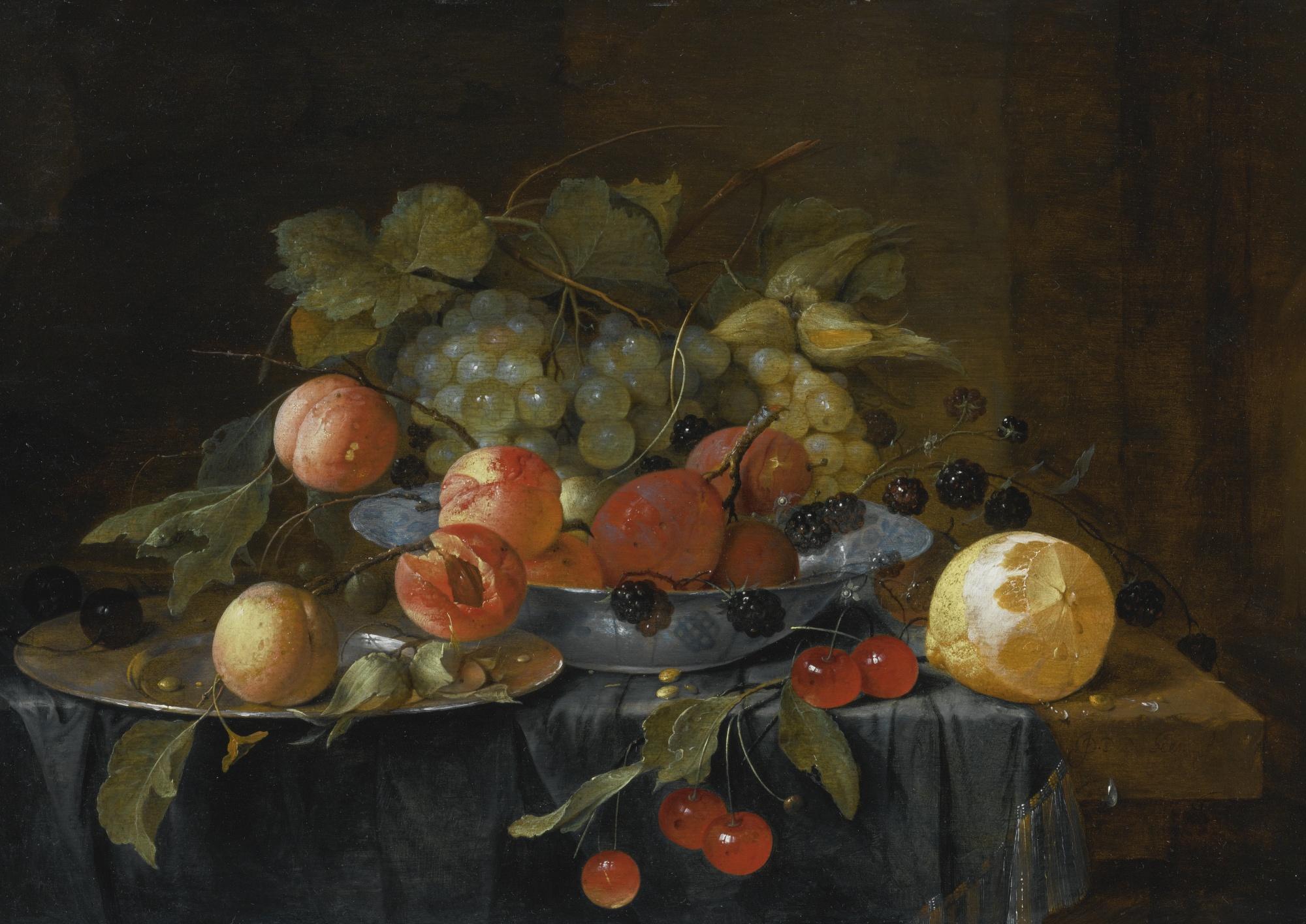 Jan Davidsz. De Heem - Still Life Of Fruit On A Pewter Plate And In A Wan-Li Krak Porcelain Bowl, A Partially Peeled Lemon And A Sprig Of Cherries On A Table Draped With A Gold-Hemmed Cloth