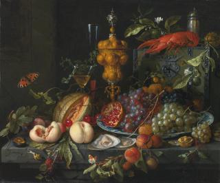 Jan Davidsz. De Heem - Still Life Of Fruits, Nuts, Oysters, A Lobster, Insects And A Snail On A Ledge With Various Vessels