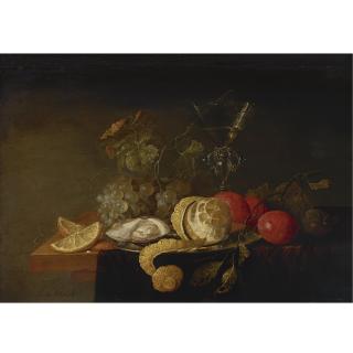 Jan Davidsz. De Heem - Still Life With A Peeled Lemon, Orange Slices, An Oyster, Plums, Grapes And A Façon-De-Venise Glass Filled With White Wine Displayed On A Partially Draped Table