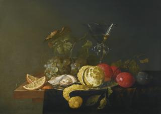 Jan Davidsz. De Heem - Still Life With A Peeled Lemon, Oyster And A Silver Plate With Grapes, Plums And A Façon-De-Venise Glass Filled With White Wine, All On A Wooden Table Partially Draped With A Green Cloth