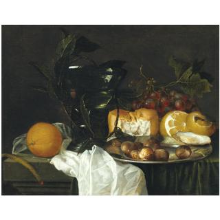 Jan Davidsz. De Heem - Still Life With A Roemer, A Peeled Lemon, Bread, An Oyster And Chestnuts On A Pewter Dish, Grapes, A Taper And An Orange On A Ledge Partly Draped With A White Cloth