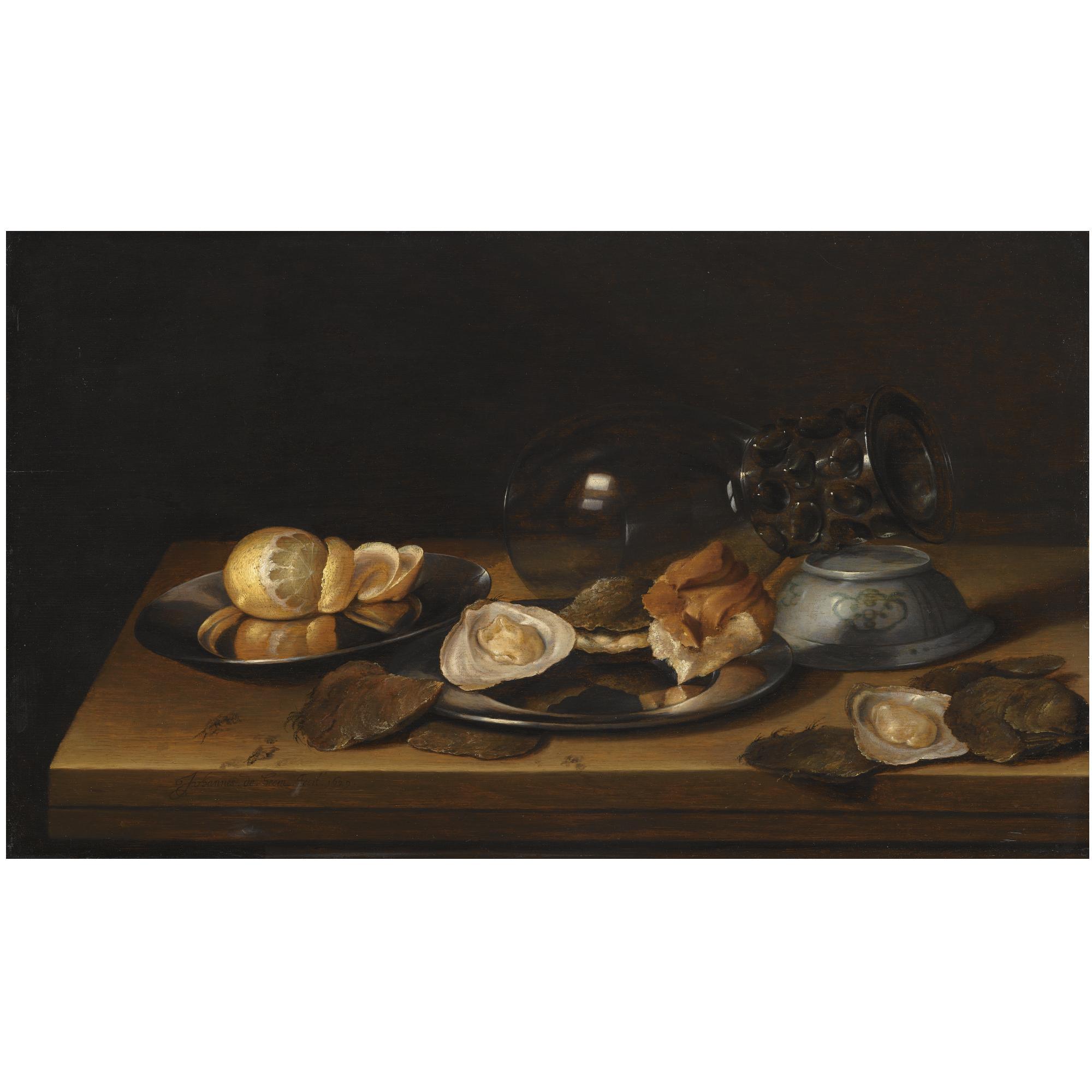 Jan Davidsz. De Heem - Still Life With A Roemer On Its Side, Two Pewter Plates Adorned With A Partly-Peeled Lemon, An Oyster And A Bread Roll, All Arranged On A Wooden Table-Top