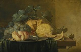 Jan Davidsz. De Heem - Still Life With A Whole And A Halved Peach On A Pewter Plate, Together With Grapes, Lemons And Cherries, All On A Table Draped With A Green Cloth