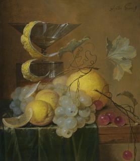 Jan Davidsz. De Heem - Still Life With A Wine Glass, Lemon Peel, Peaches, Grapes And Cherries On The Corner Of A Partly Draped Wooden Table