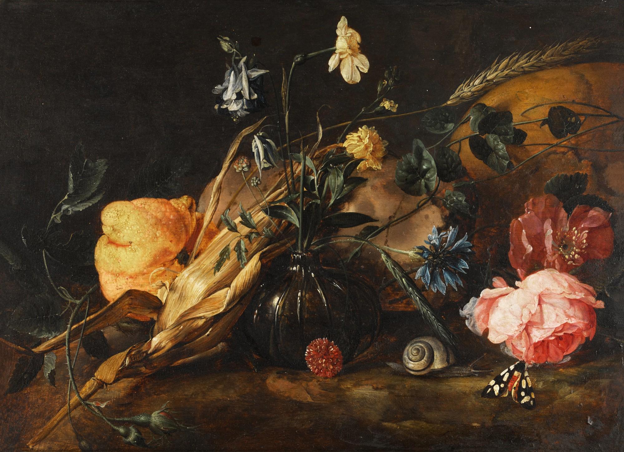 Jan Davidsz. de Heem - Still life with flowers in a glass vase, a lemon, an ear of corn, with a snail and butterflies beside a skull