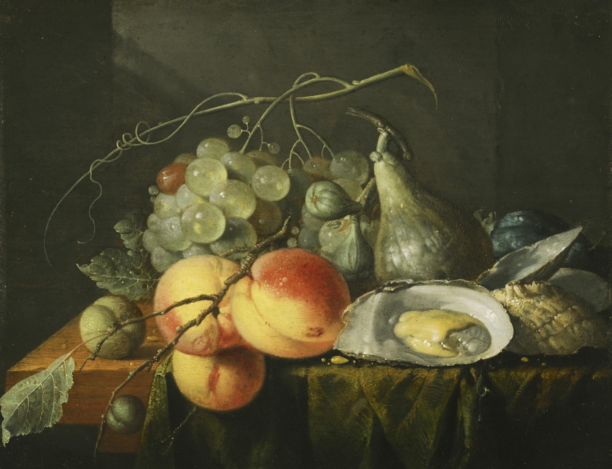 Jan Davidsz. De Heem - Still Life With Peaches, Figs, Plums, Grapes And Oysters Upon A Wooden Table Top