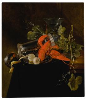 Jan Davidsz. De Heem - Still life with two lobsters, an overturned tankard, a berkemeier glass, grapes, and a lemon
