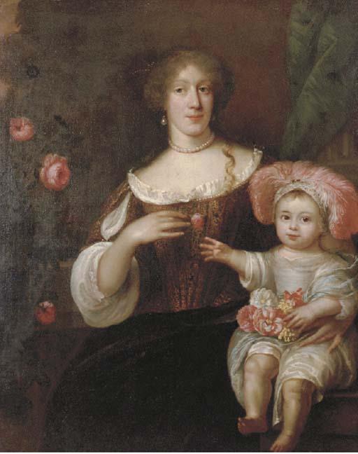 Jan de Baen - A Portrait of Mother and child, the lady three-quarter-length in a brown dress, supporting her child, who is seated on a ledge, holding flowers, and wearing a plumed cap