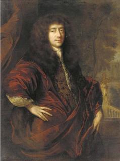 Jan de Baen - Portrait of a gentleman, three-quarter-length, in a garden, in an embroidered jacket and a red gown