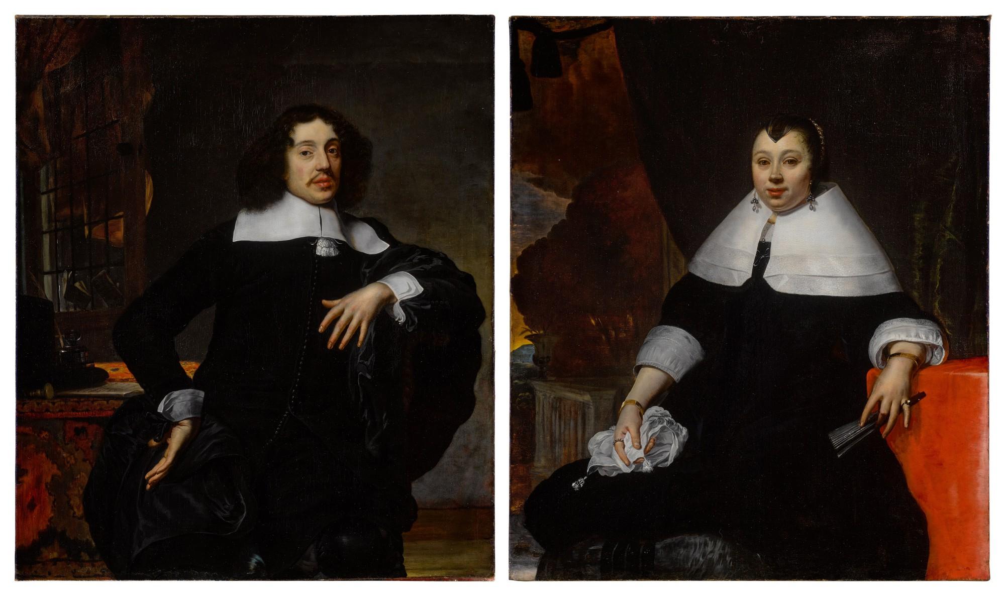 Jan de Baen - Portrait of a man standing before a desk and curtain, three-quarter length; Portrait of a woman seated before a landscape and curtain