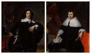 Jan de Baen - Portrait of a man standing before a desk and curtain, three-quarter length; Portrait of a woman seated before a landscape and curtain