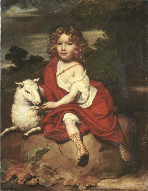 Jan De Baen - Portrait of a young boy, seated full-length, with a sheep, on a rock, a wooded landscape beyond