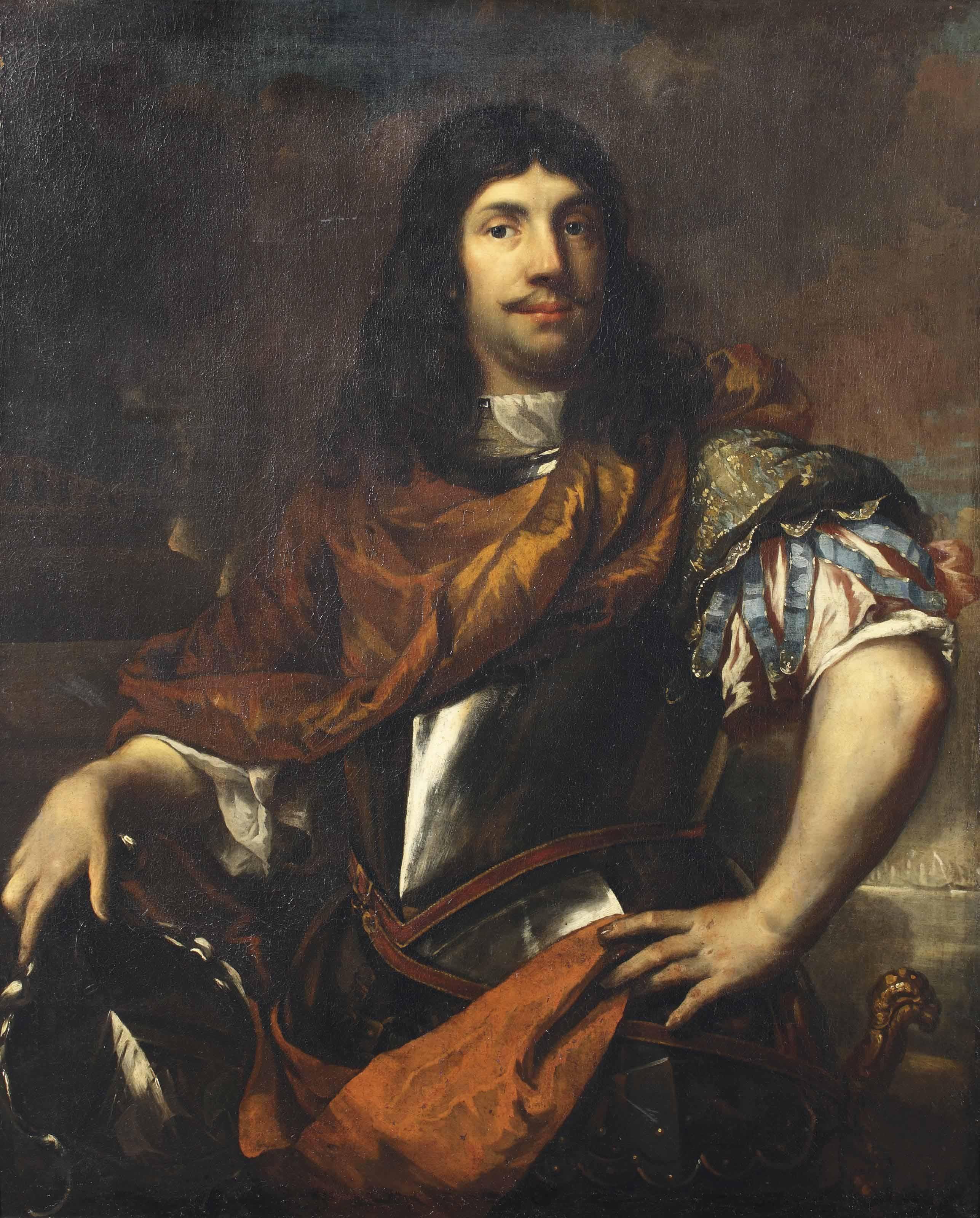 Jan De Baen - Portrait Of Cornelis Tromp (1629-1691), Three-Quarter-Length, In A Breastplate, His Right Hand Resting On His Coat-Of-Arms