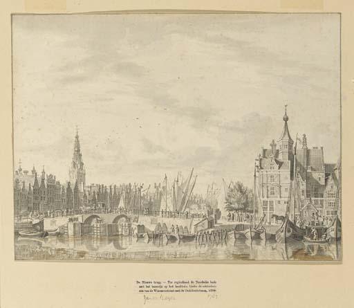 Jan De Beyer - A view of the Nieuwe Brug on the Damrak, the Texelse Kade to the right, the tower of the Oude Kerk to the left