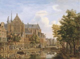 Jan De Beyer - The Nieuwe Kerk, Amsterdam, with the Nieuwezijds Voorburgwal and the Donkere Sluis, the construction of the Tower of the Nieuwe Kerk beyond