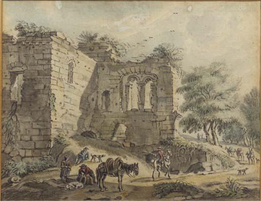 Jan De Beyer - Travellers and peasants with a packhorse on a road by a ruined villa; and A horseman and peasants by a vaulted ruin
