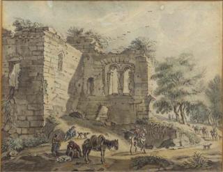 Jan De Beyer - Travellers and peasants with a packhorse on a road by a ruined villa; and A horseman and peasants by a vaulted ruin