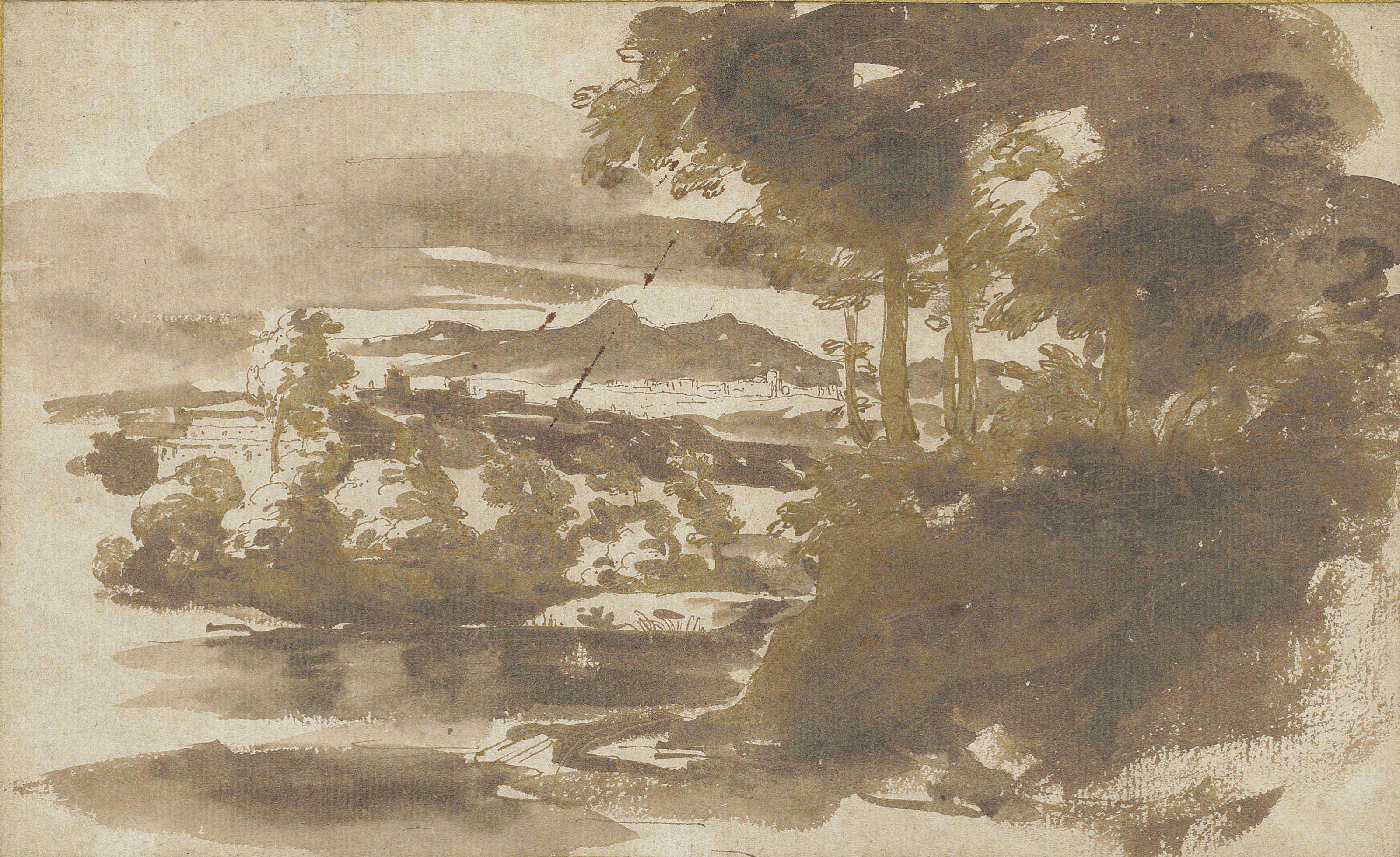 Jan De Bisschop - An Italian landscape with trees to the right and towns in the background