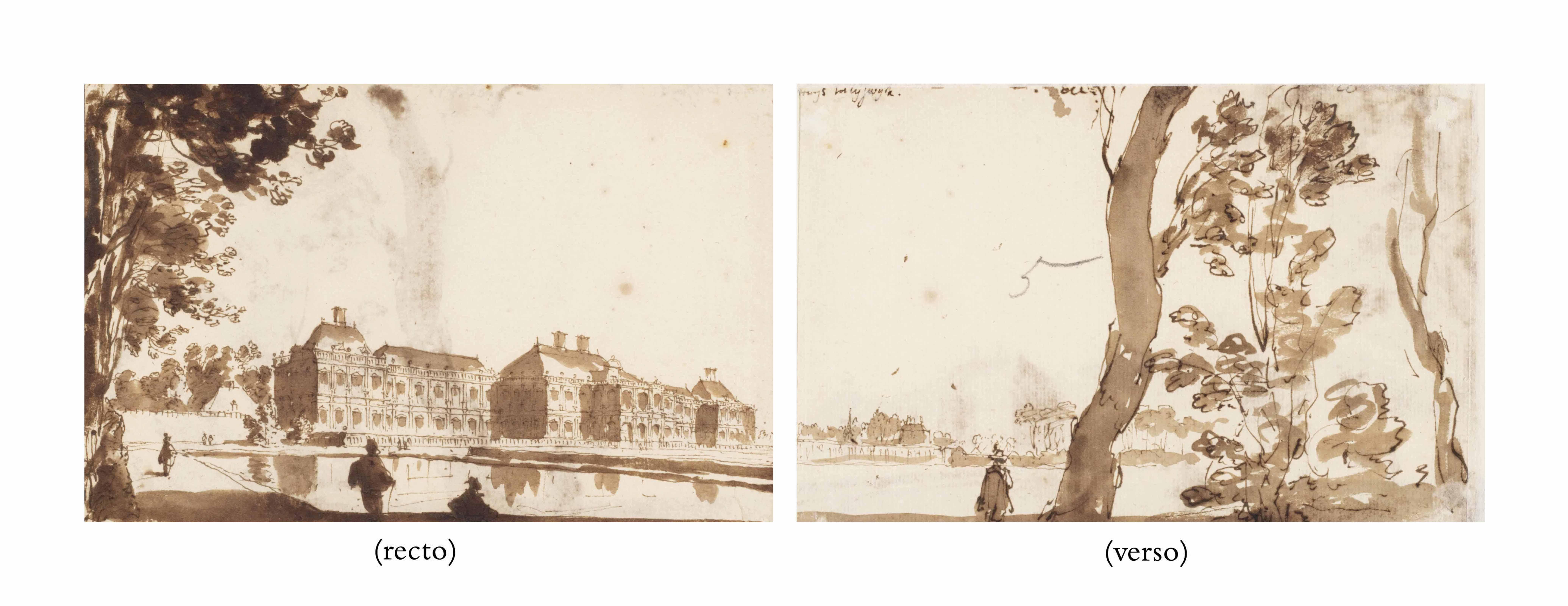 Jan De Bisschop - The Huis ter Nieuburch at Rijswijk seen from the garden ( recto ); A man in a the garden of Huis ter Nieuburch ( verso )