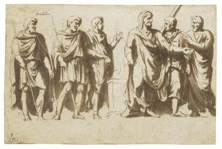 Jan De Bisschop - Two groups of men by an altar, after the antique