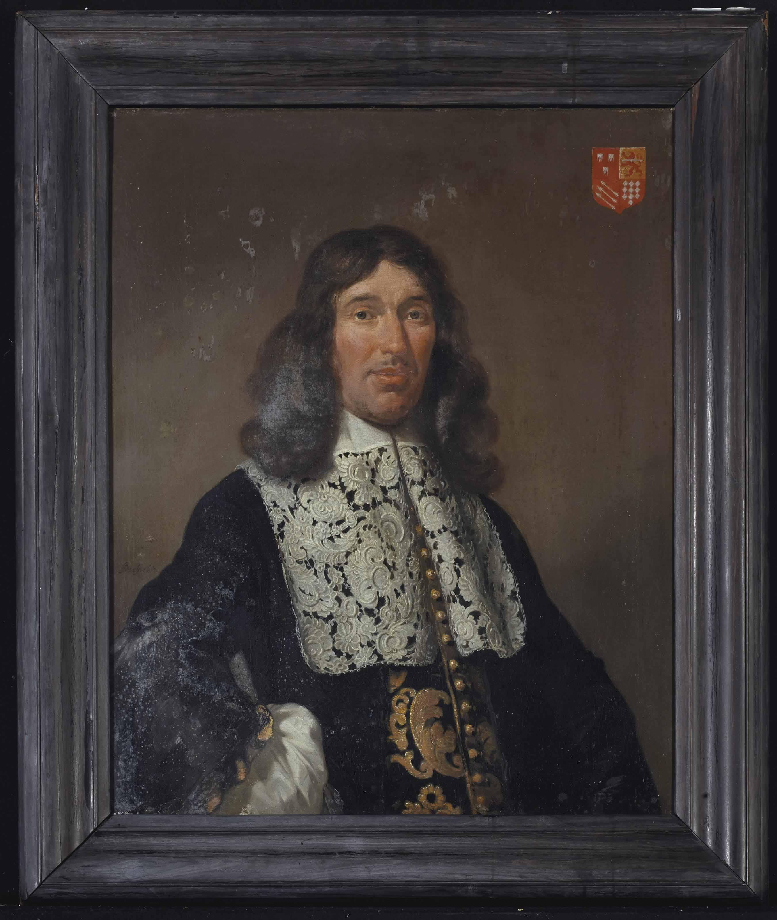 Jan De Braij - Portrait of Bartholomeus de Kies van Wissen (1614-1679), half-length, with arms akimbo, in a gold embroidered black costume, a white chemise and an elaborate lace collar